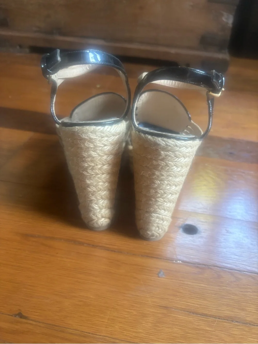 Yves Saint Laurent Black and Beige Espadrille Wedge Sandals